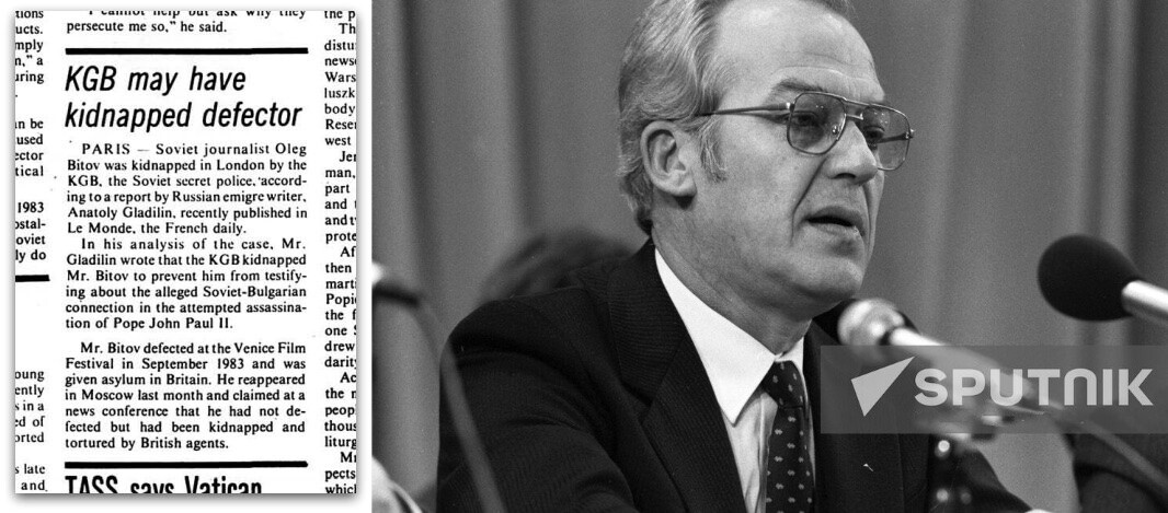 Foto de Bitov em frente a um microfone, e recorte de jornal com o título: KGB may have kidnapped defector