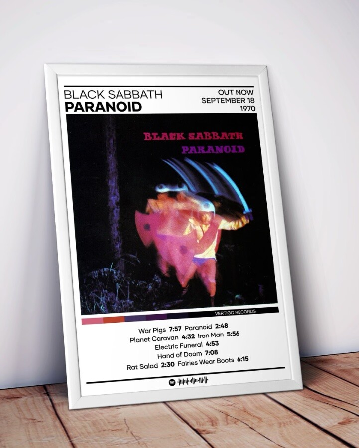 Poster com a capa, data de lançamento e lista de faixas de Paranoid