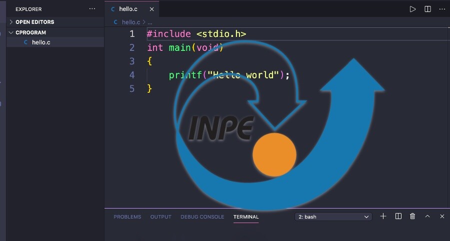 Logo do INPE aplicado a uma tela de editor mostrando um programa mínimo (“hello world“) em linguagem C