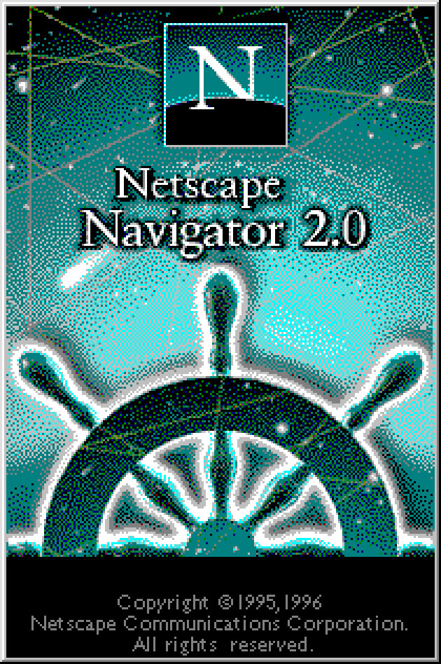 Tela de copyright do Netscape Navigator 2.0, com um timão de embarcação, tendo um céu estrelado ao fundo.