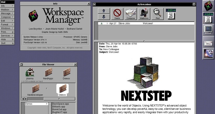 Desktop do NeXTSTEP mostrando o gerenciador de arquivos e uma caixa de entrada