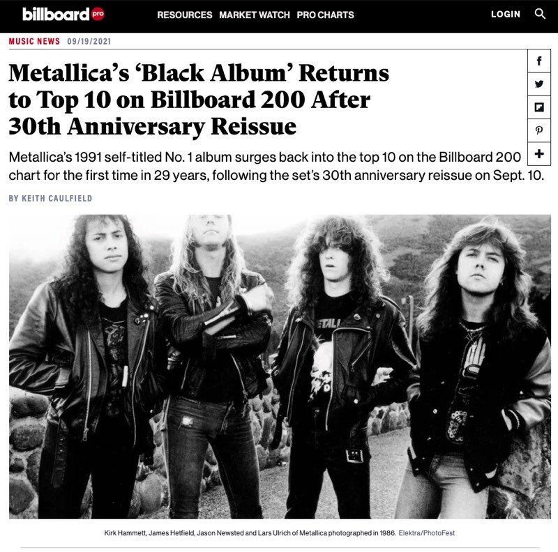 Matéria da Billboard com foto dos integrantes do Metallica em 1996 e o título: <br><br>Metallica's 'Black Album' Returns<br>to Top 10 on Billboard 200 After 30th Anniversary Reissue<br><br>Metallica's 1991 self-titled No. 1 album surges back into the top 10 on the Billboard 200 chart for the first time in 29 years, following the set's 30th anniversary reissue on Sept. 10.