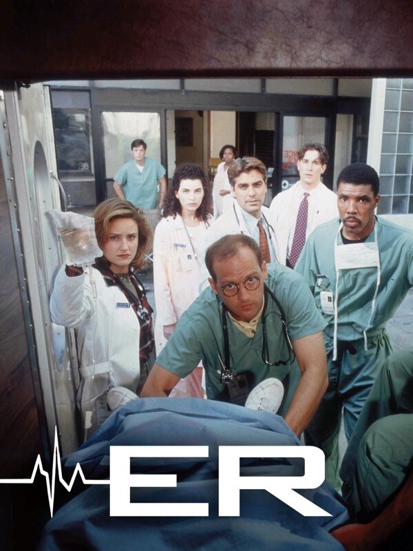 Elenco de ER, caracterizado como profissionais de saúde, a partir do ponto de vista de um paciente em maca, dentro de uma ambulância