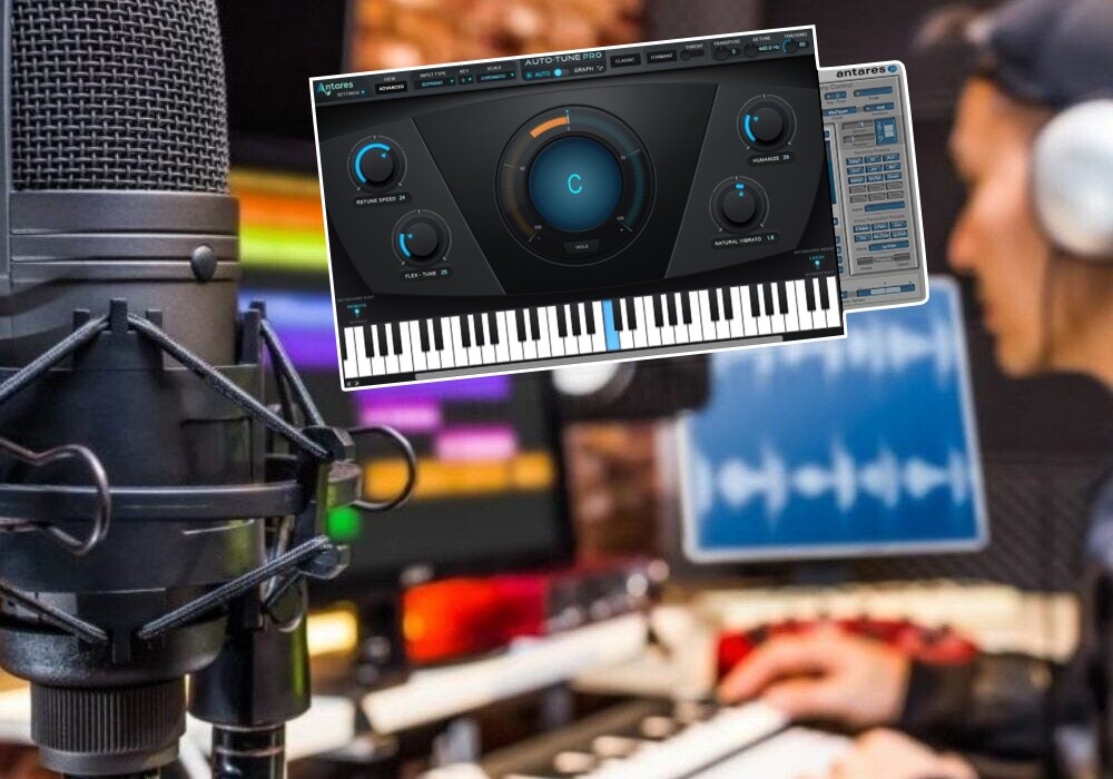 Tela do AutoTune Pro, sobreposta a uma imagem de estúdio de edição de áudio