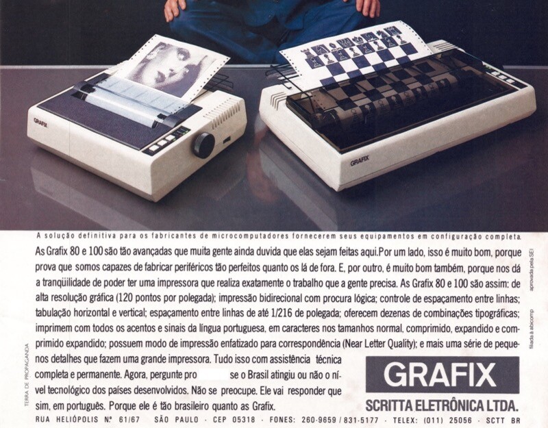 Anúncio das impressoras Grafix 80 e Grafix 100, mostrando ambas imprimindo imagens em formulários contínuos