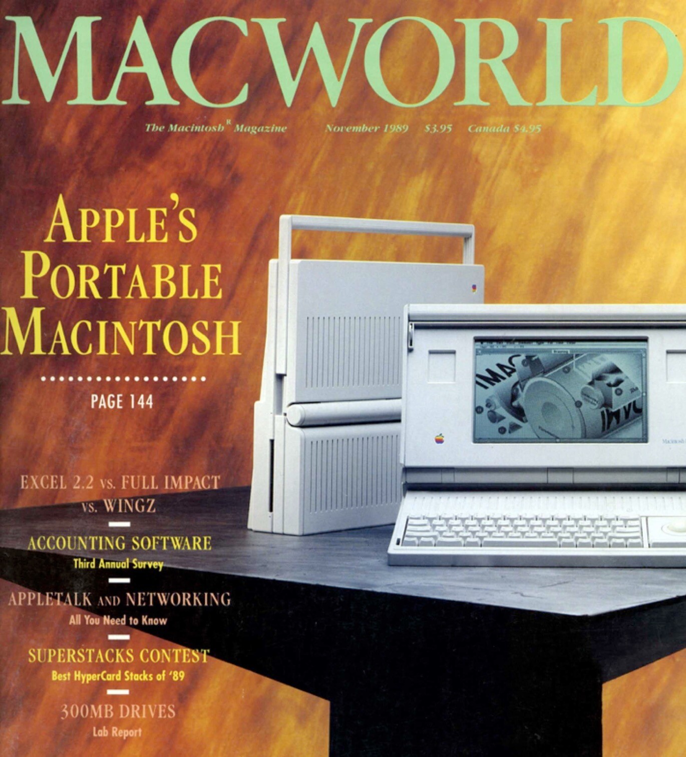 Dois Macintosh Portable - um fechado e um aberto - na capa da revista MacWorld