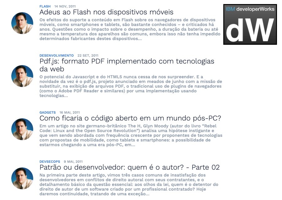 Tela do iMasters com a republicação de alguns dos arquivos que escrevi para o dW em 2010 e 2011