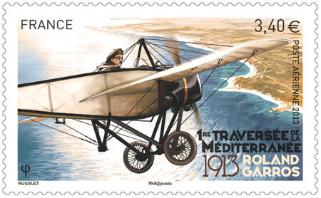 Selo postal francês comemorativo da travessia de Roland Garros