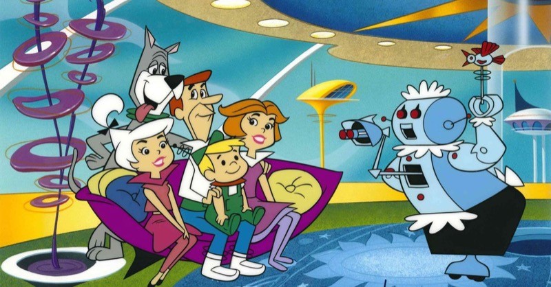 Vinheta dos Jetsons com a família reunida no sofá da sala e sendo fotografada pelo robô doméstico