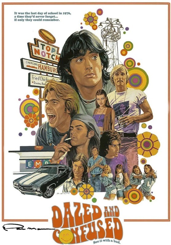 Poster com a galeria de personagens de Dazed and Confused e a frase: <br><br>It was the last day of school in 1976, a time they'd never forget... if only they could remember.