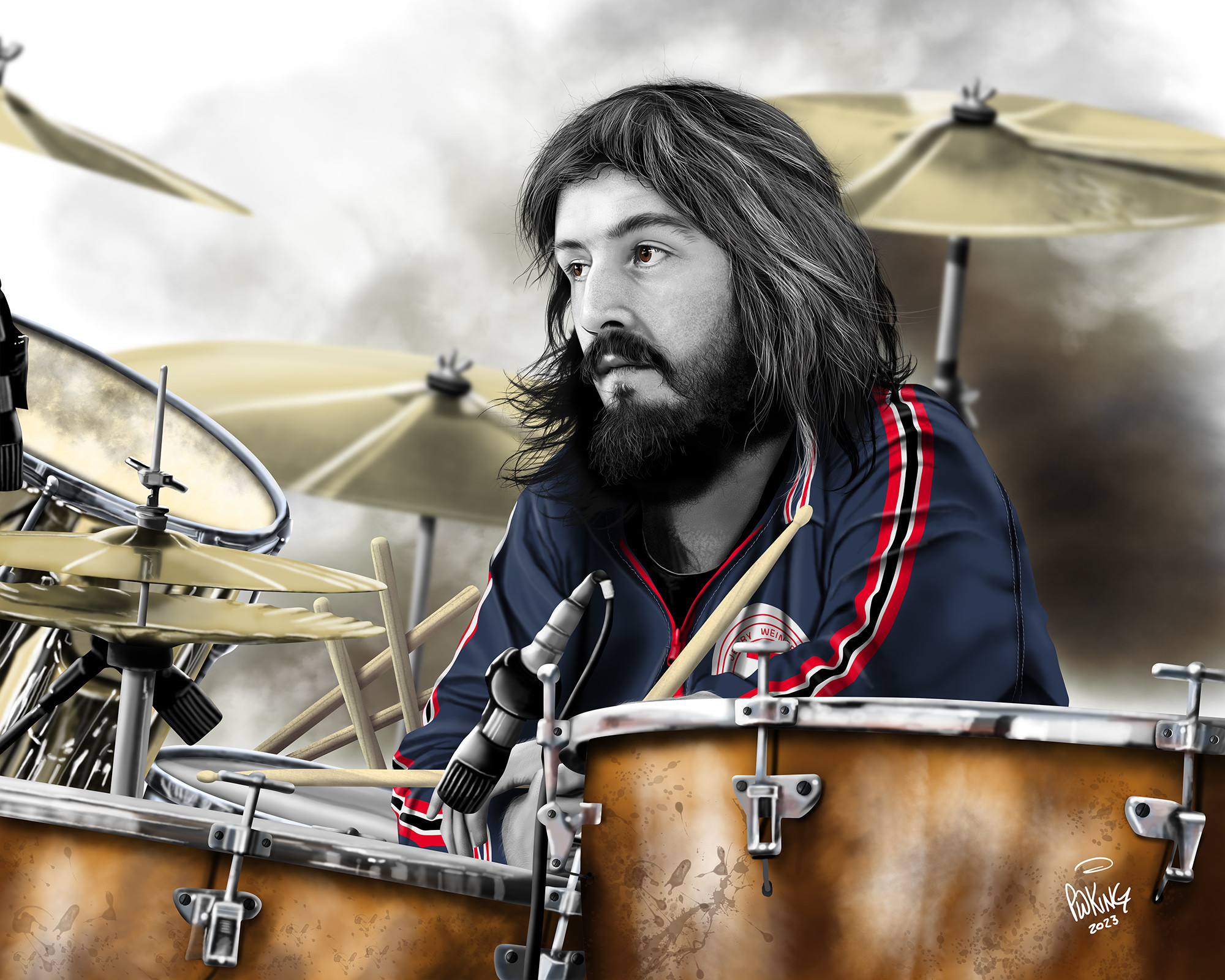 Retrato de John Bonham no palco, em Oakland, no último show do Led Zeppelin nos EUA, em julho de 1977