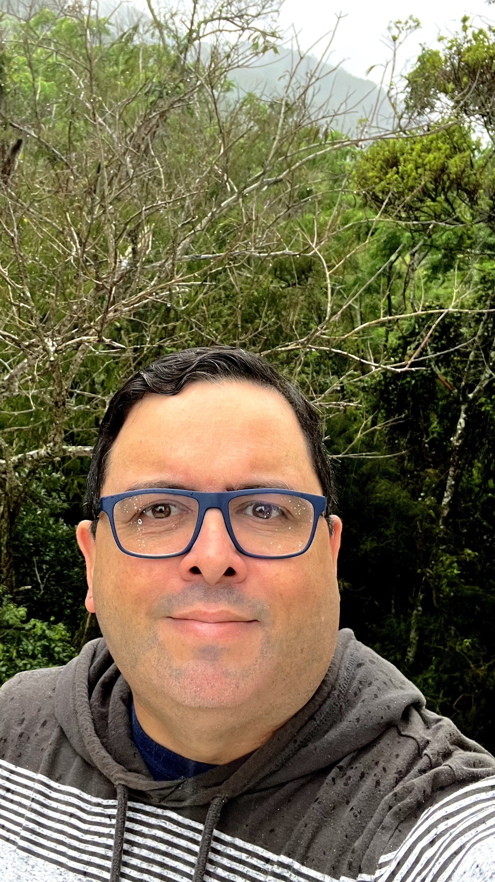 Foto minha com blusa de capuz, que foi abaixado no momento da foto. De oculos de armação azul, com cenario de copas de arvores e céu chuvoso