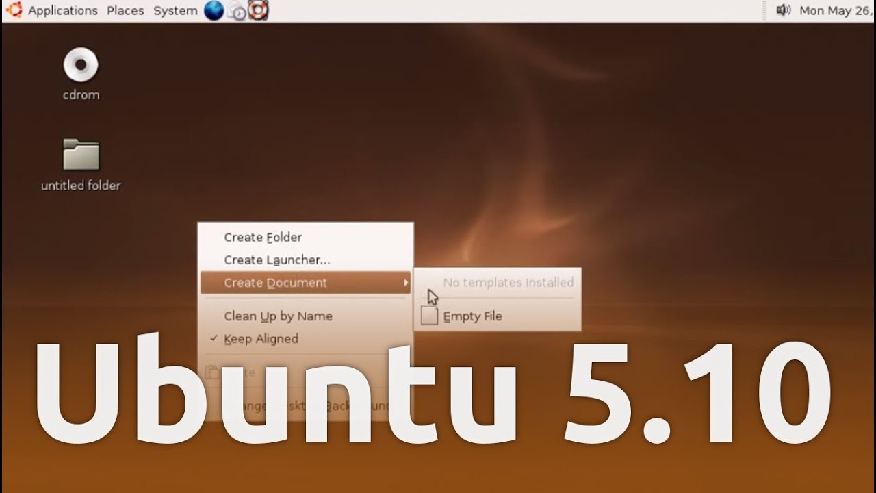 Desktop e tema visual do Ubuntu 5.10, mostrando ícones e menus do sistema