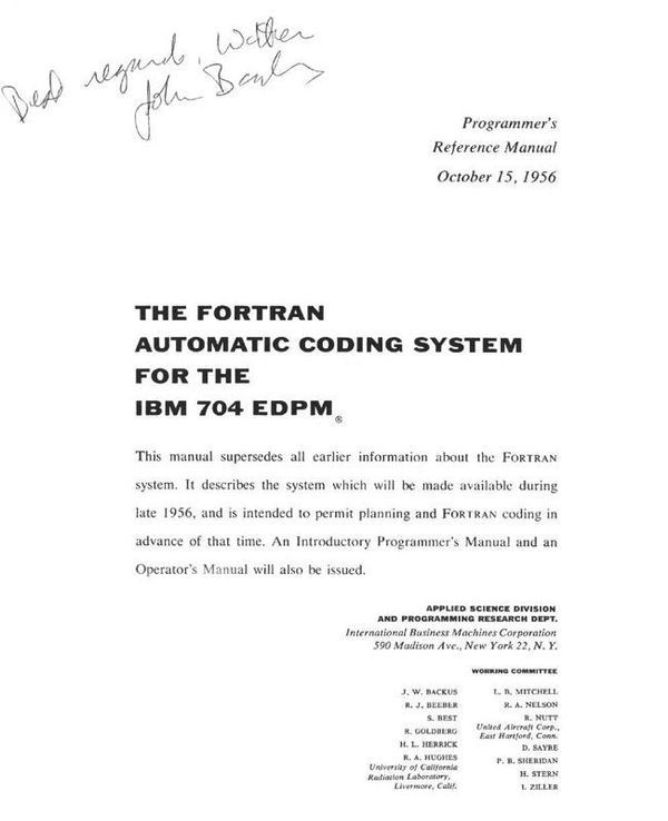 Capa do manual do Fortran lançado na data de hoje, mas em 1956, com autógrafo de John Backus