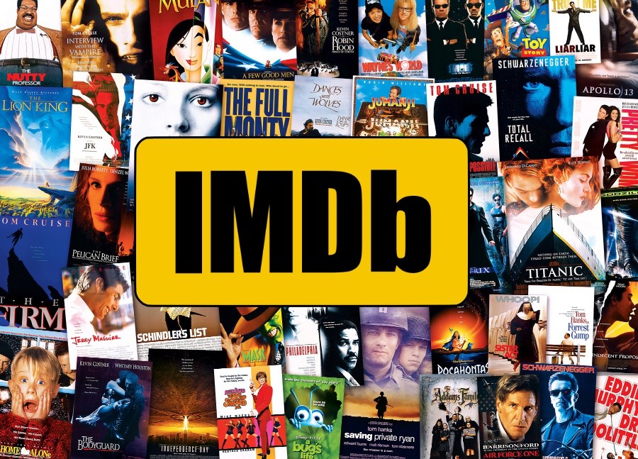 Logo do IMDb aplicado a uma colagem de cartazes de filmes da década de 1990