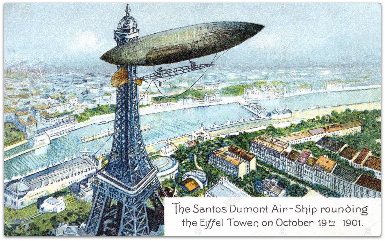Ilustração mostrando Santos-Dumont no seu dirigível dirigível Nº 6 contornando a Torre Eiffel.