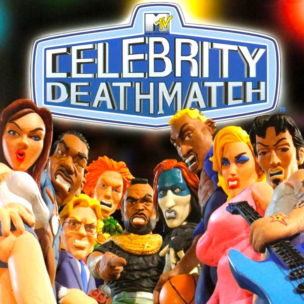 Imagem promocional do jogo Celebrity Deathmatch, com Mr. T e Marilyn Manson ao centro de parte do elenco