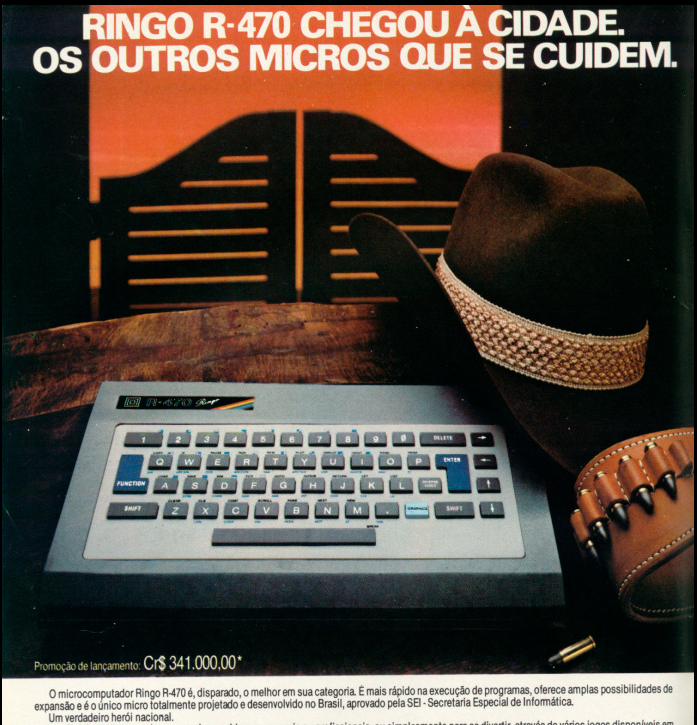 Anúncio do Ringo, com temática do Velho Oeste dos EUA, com o título: RINGO R-470 CHEGOU À CIDADE. OS OUTROS MICROS QUE SE CUIDEM.