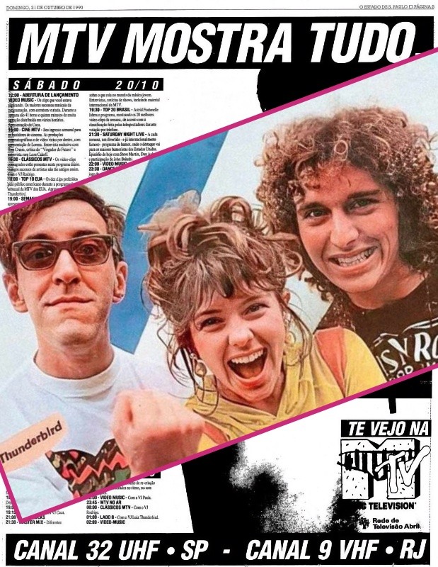 Foto dos VJs iniciais Thunderbird, Cuca e Gastão, sobreposta a uma programação da primeira semana da MTV Brasil