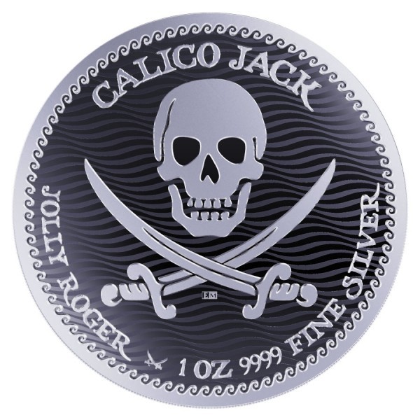 Moeda comemorativa apresenta o símbolo da caveira e sabres cruzados, e as inscrições: Calico Jack - Jolly Roger