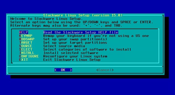 Menu de versão moderna do instalador do Slackware