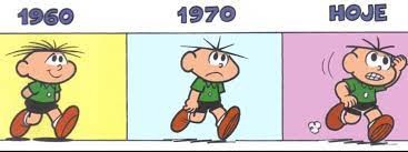 Quadro mostra o estilo de desenhos do Cebolinha nos anos 60 (com mais cabelo), 70 e posteriores.