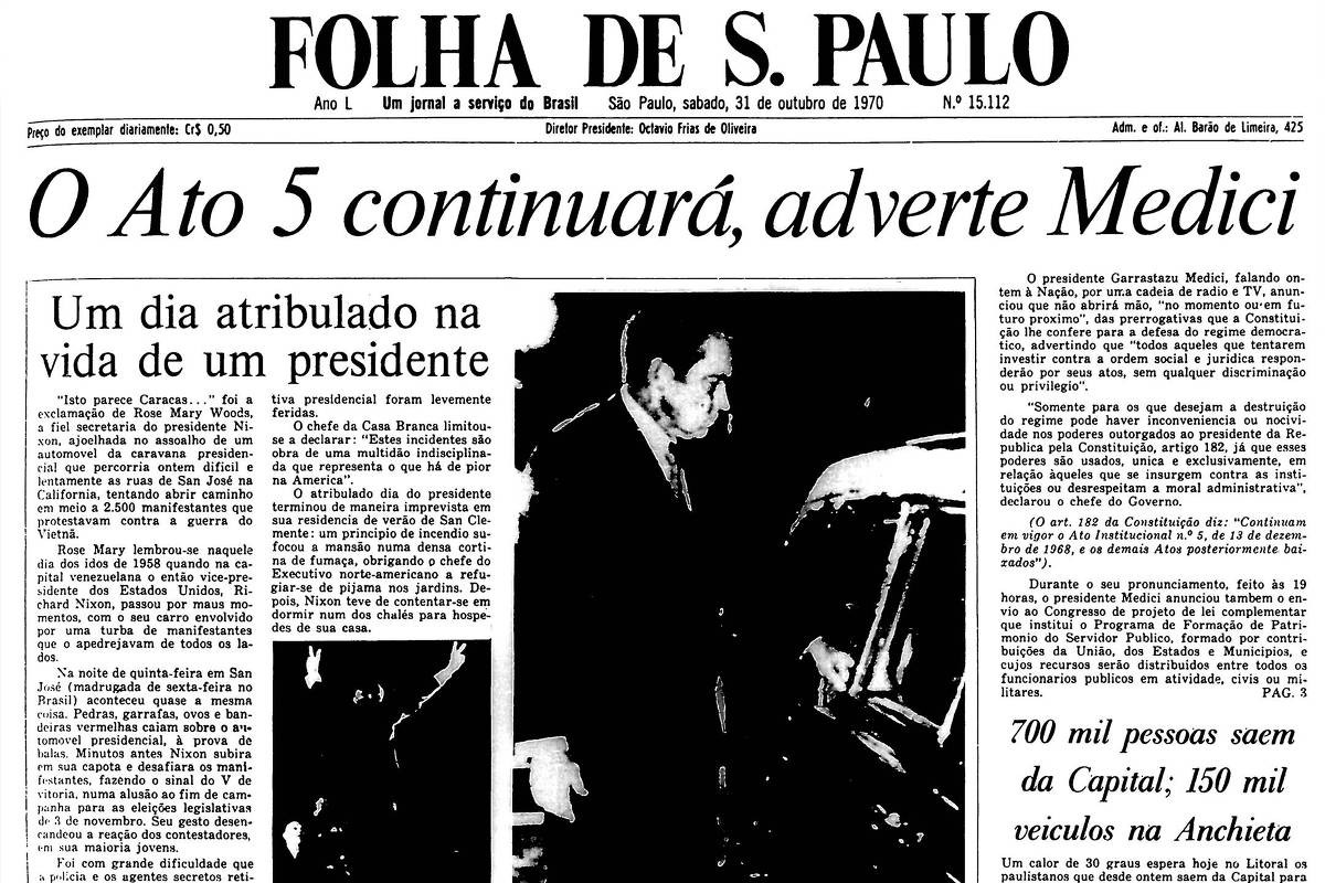 Capa da Folha com a manchete: “O Ato 5 continuará, adverte Medici“