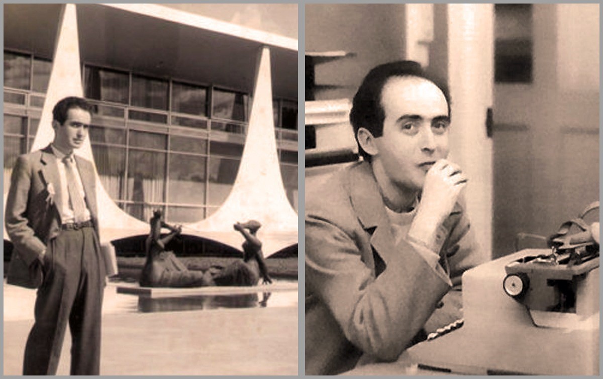 Duas fotos de Herzog: em Brasília e, sorridente, em frente a uma máquina de escrever