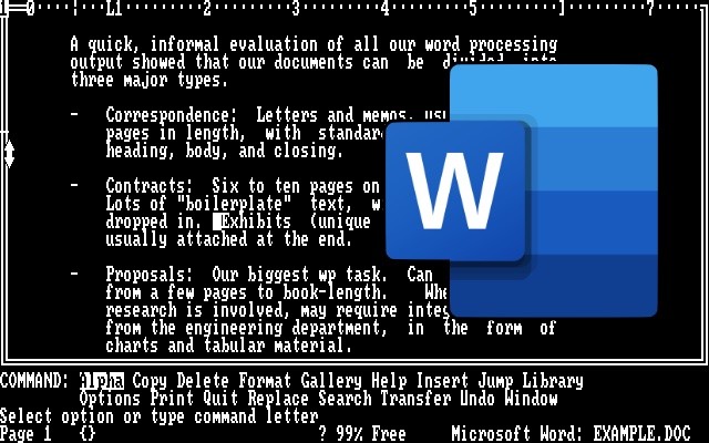 ícone de uma versão moderna do Word sobreposto a uma tela de edição de texto no Word 1.x para MS-DOS