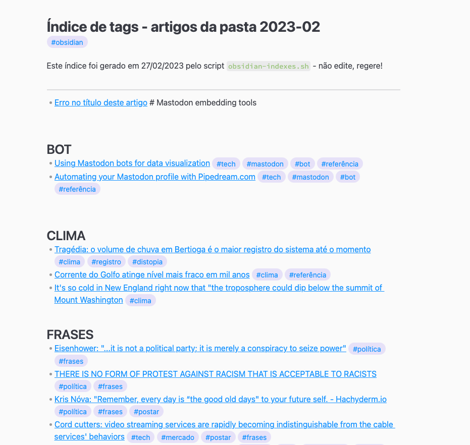 Print de tela do Obsidian com o Índice de tags - artigos da pasta 2023-02<br><br>Este índice foi gerado em 27/02/2023 pelo script `obsidian-indexes.sh` 