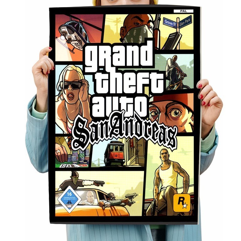 Poster reproduz capa do jogo GTA San Andreas