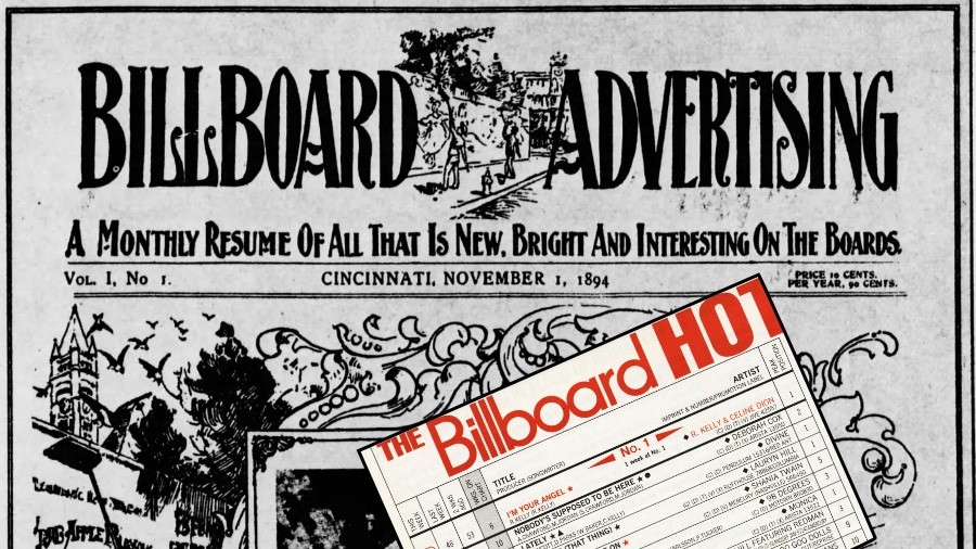 Colagem de uma parada Billboard Hot 100, da década de 1990, sobre a capa da edição original da Billboard
