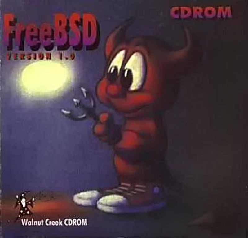 Capa do CD do FreeBSD 1.0 com seu mascote, um daemon usando tênis e segurando um tridente
