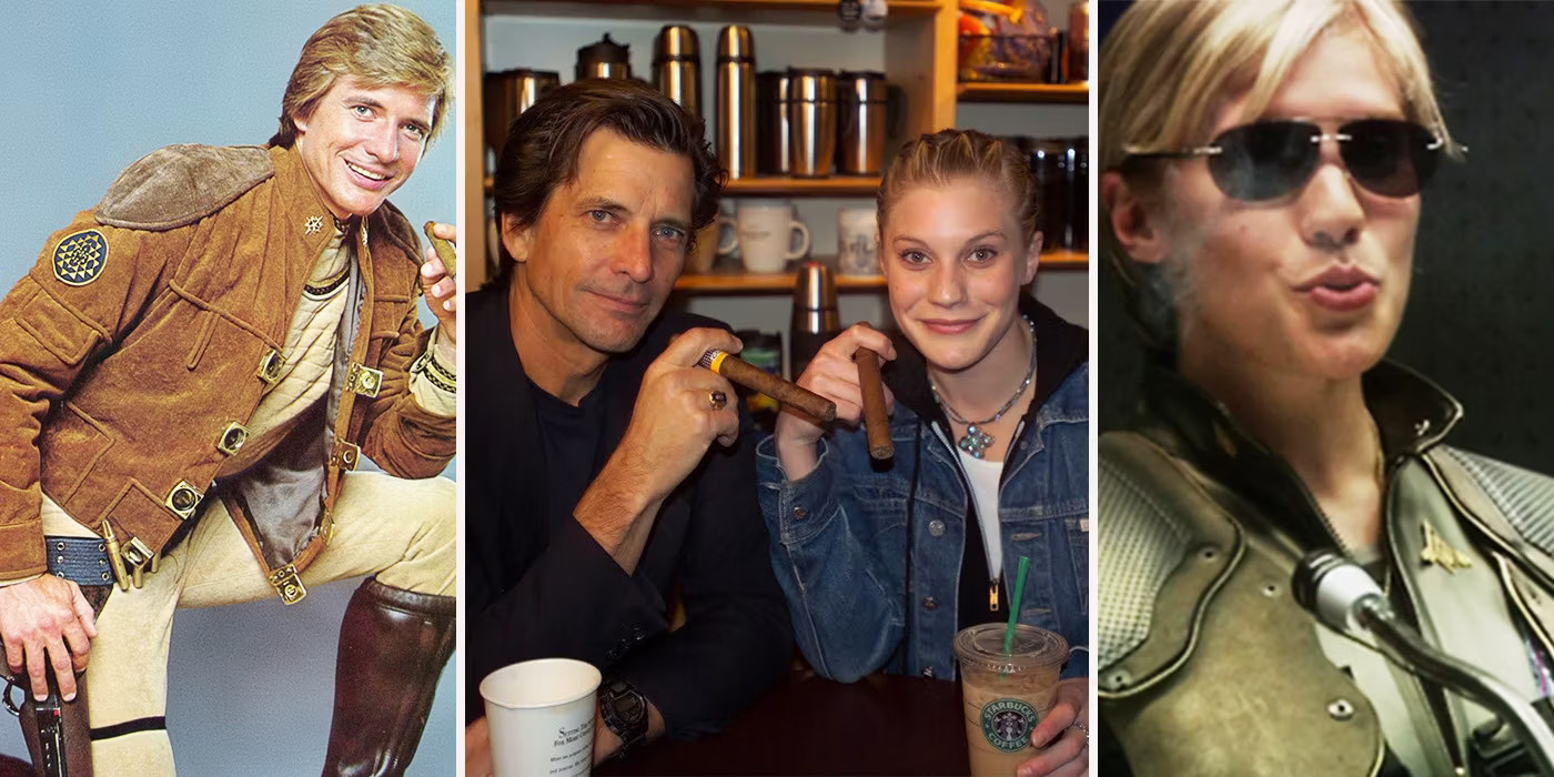 Montagem com fotos das encarnações do personagem Starbuck nas duas edições da série de TV Galactica, e de uma foto com o ator e a atriz que os viveram, fumando um charuto, e na qual a atriz está segurando um copo de café Starbucks