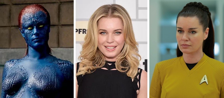 Montagem de 3 fotos, com a trix Rebecca Romijn entre as personagens que viveu nas franquias dos X-Men e Star Trek