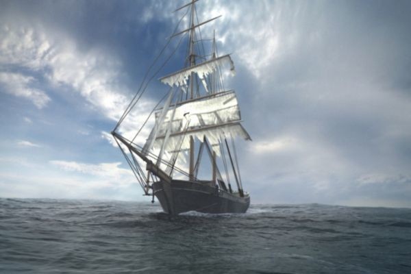 Representação artística do Mary Celeste navegando com as velas parcialmente comprometidas