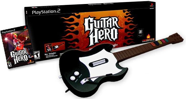 Jogo Guitar Hero para Playstation 2, com o controle em forma de guitarra, com direito a alavanca.<br>