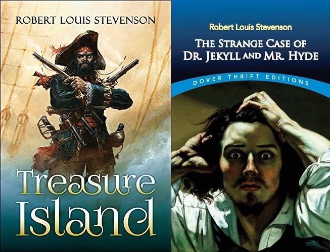 Capas de edições inglês da Ilha do Tesouro e do livro do Dr. Jekyll & Mr. Hyde