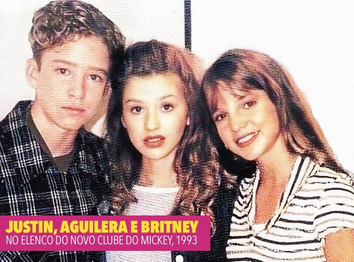 Os adolescentes Justin, Aguilera e Britney posam para foto como integrantes do elenco do Clube do Mickey em 1993