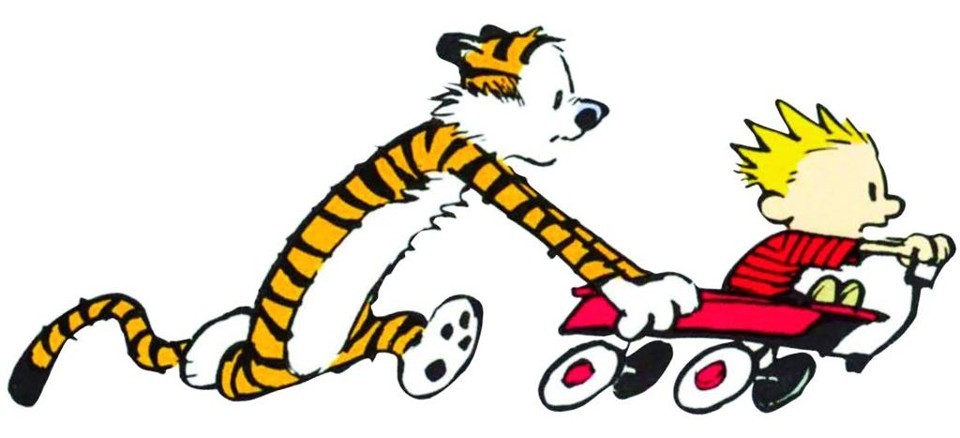 Ilustração de Calvin e Haroldo brincando juntos em um carrinho