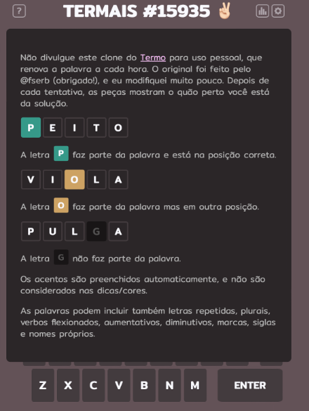 Tela de instruções do jogo Termais, clone do código do Termo.