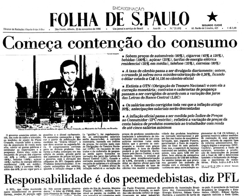 Capa da Folha do dia seguinte, com título “Começa a contenção do consumo“ e foto do ministro da Economia expondo as medidas do novo plano