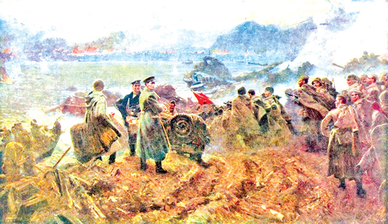 Representação artística, datada de 1945, de soldados soviéticos se preparando para atravessar uma área alagada em Stalingrado durante a Segunda Guerra Mundial.<br>