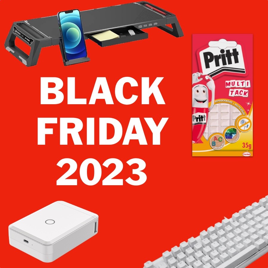 Banner Black Friday 2023, com fundo vermelho e fotos de produtos variados