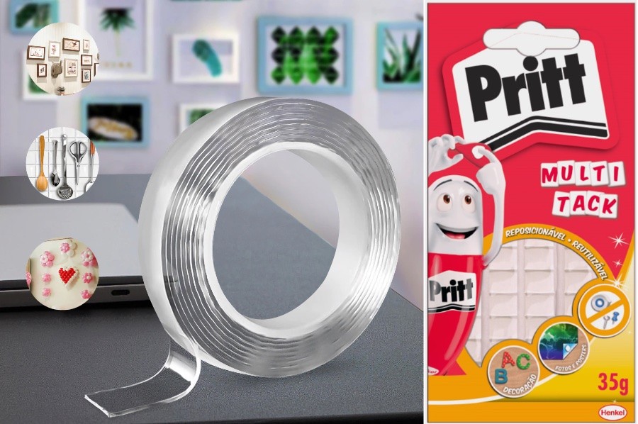 Um rolo de fita nano adesiva e uma embalagem de Multi Tack