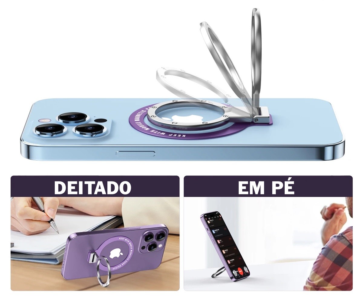 O suporte articulado preso à parte de trás de um celular, e em uso para mantê-lo em pé na mesa