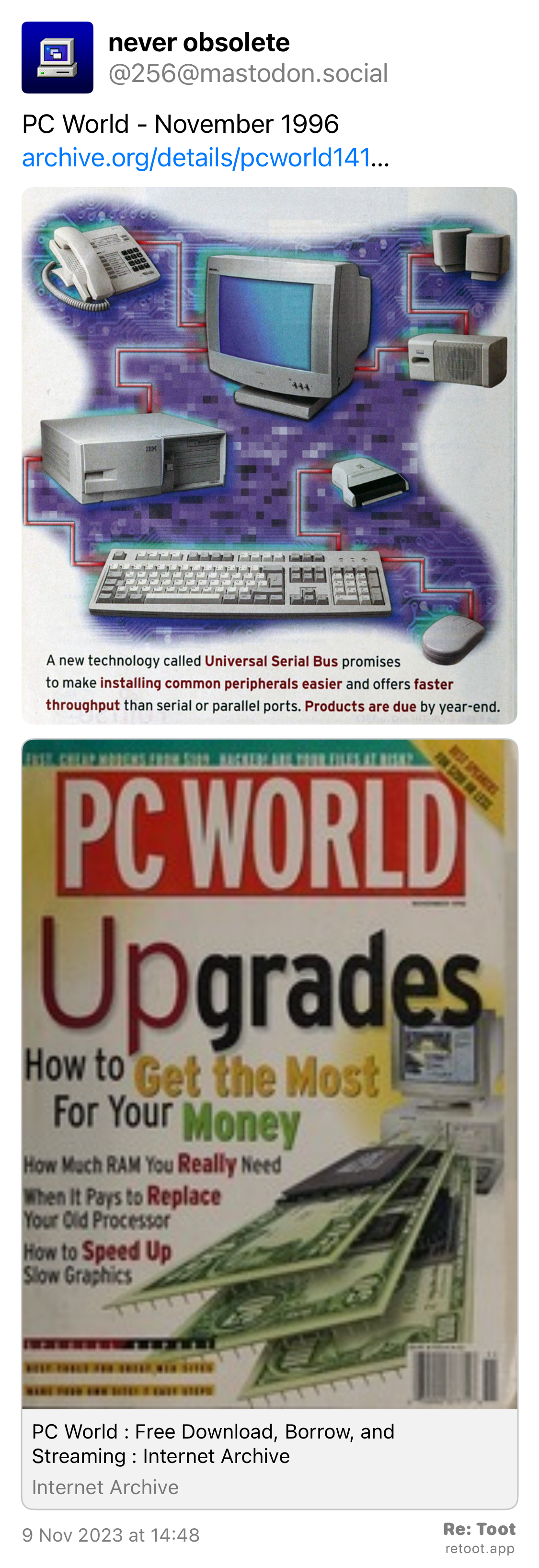 Post by never obsolete. “PC World - November 1996 archive.org/details/pcworld141…“ The post contains an image with the following description: “image from a magazine article about USB“ Posted on 9 Nov 2023 at 14:48
