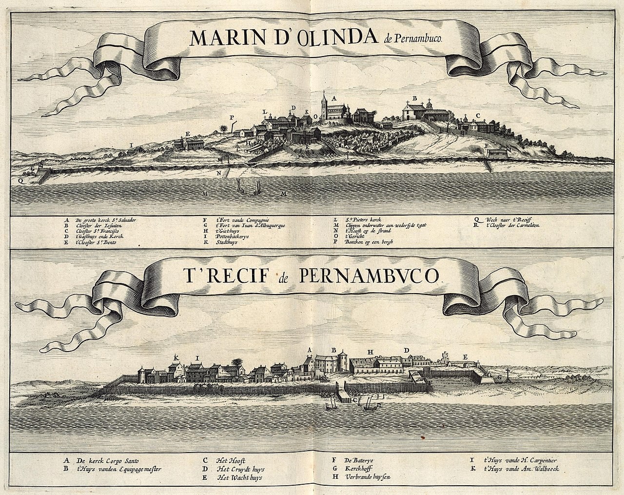 Gravuras da época da ocupação holandesa mostrando as povoações de Olinda e de Recife