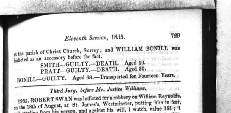 Transcrição da condenação à morte de Smith e Pratt.