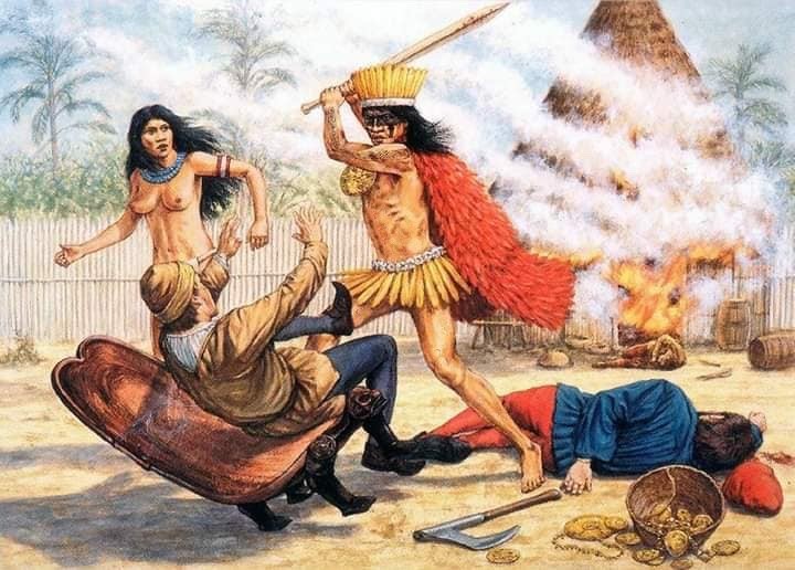 Reprodução artística mostra a revolta da população originária contra os invasores, com incêndio ao fundo e um cesto de objetos de metais preciosos jogado no chão